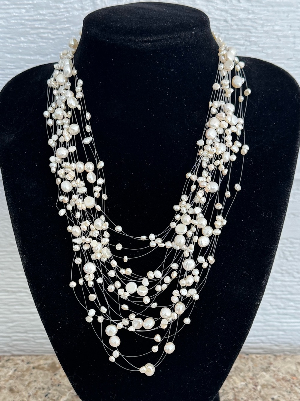 Vintage Multi-Strand Floating Pearl Illusion Organic Cascading Cream Necklace